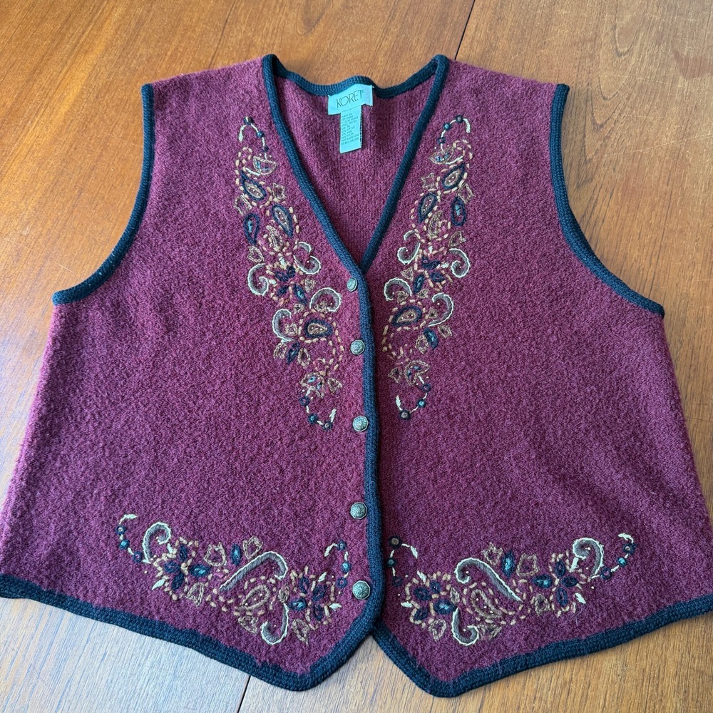 Koret Vintage Wool Blend Embroidered Paisley Button Front Vest XL Grannycore